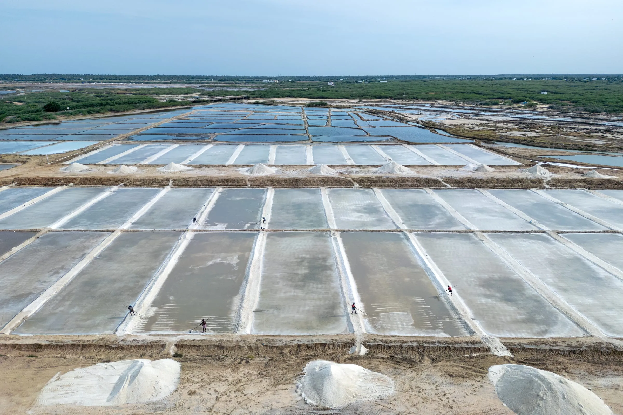 An aerial view of a salt pan in Thiruppullani, Tamil Nadu, India. The pans are divided into evaporation tanks (aan pathis) and crystallization pans (penn pathis), where water gradually evaporates under the intense sun, leaving behind salt crystals. Covering approximately 20 acres, the salt pan continues to rely heavily on manual labor.